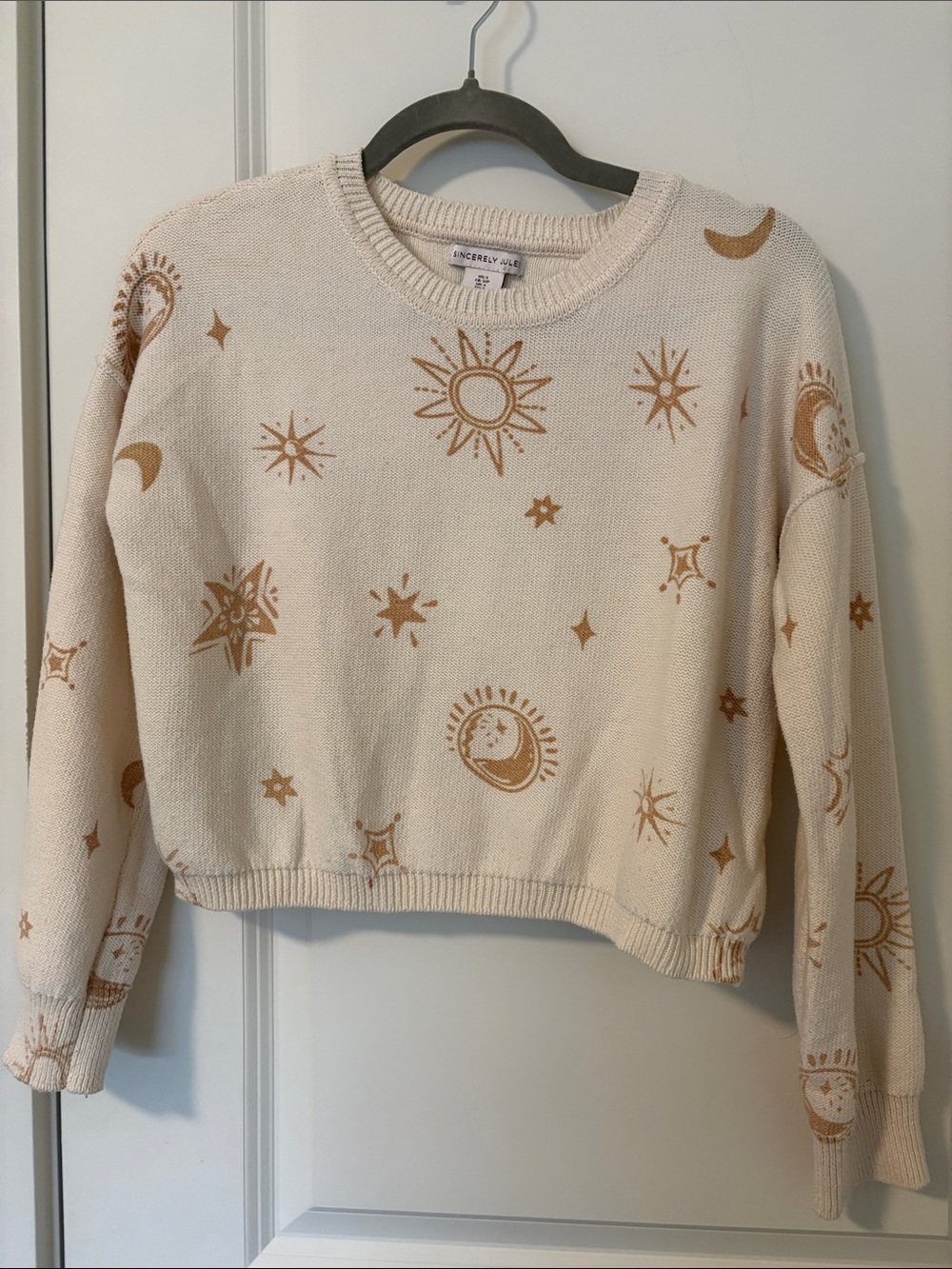 Sincerly Jules Cream Sweater with Brown Celestial Motif